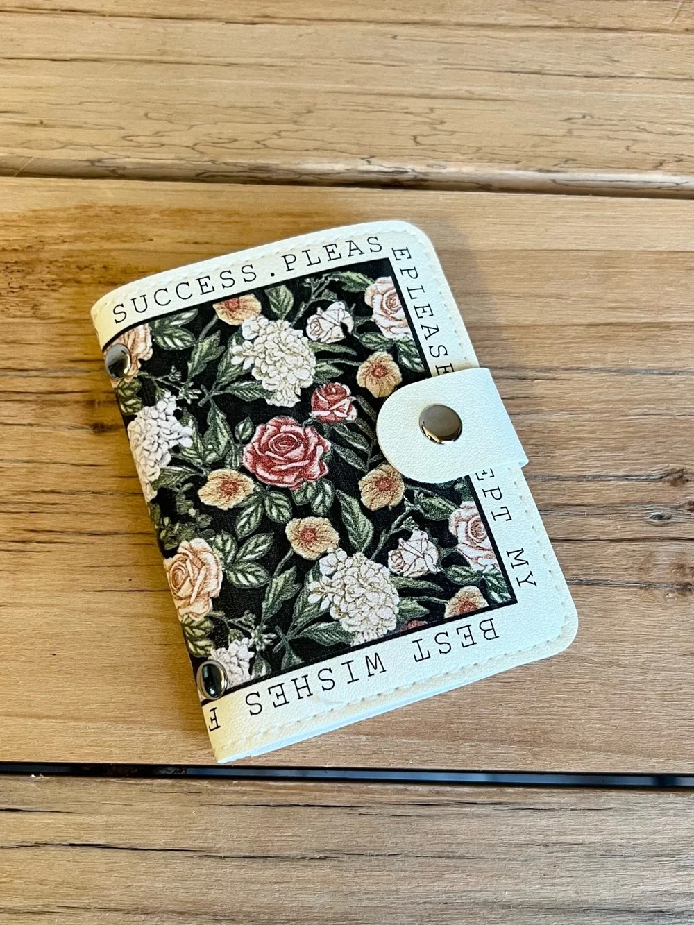 Floral Snap Card Holder Wallet - Black Floral Print with Cream Trim-NWOT